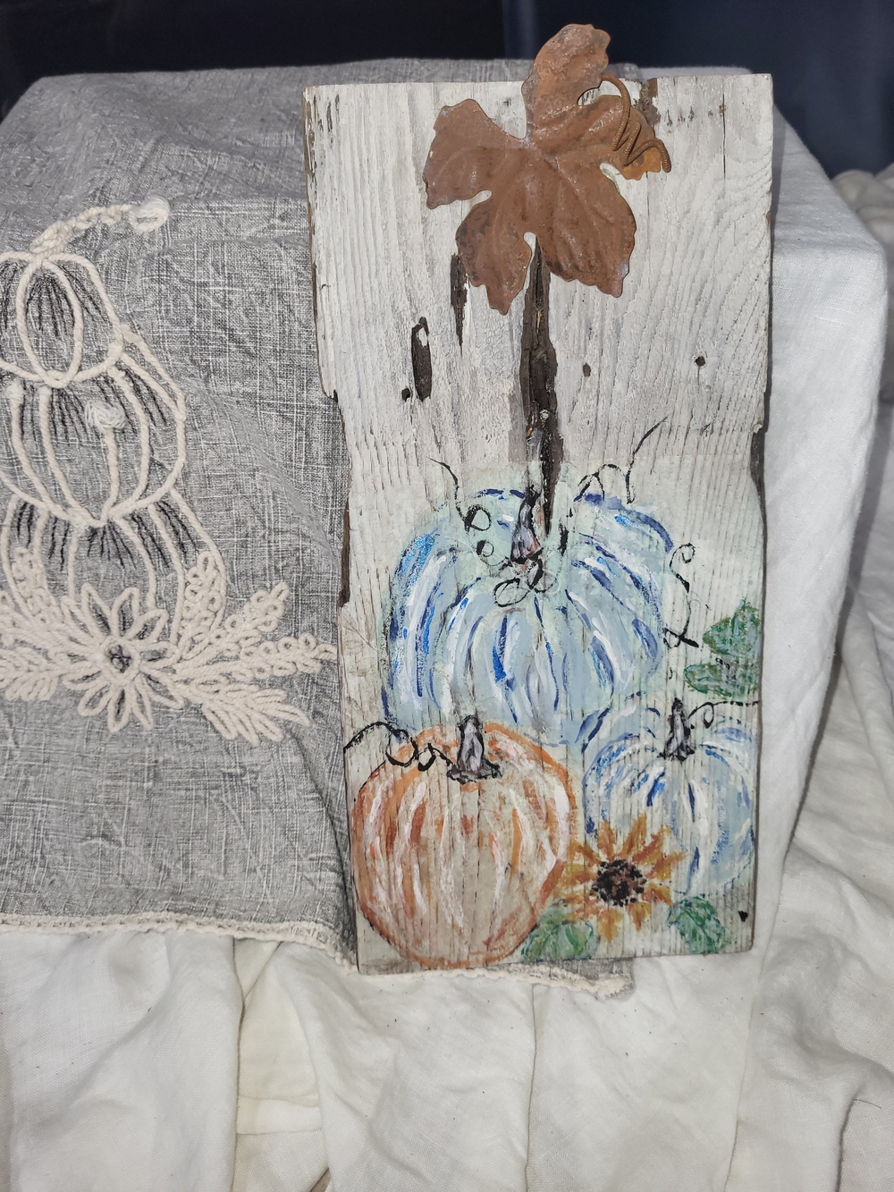 Hand-Painted Pumpkin Barnwood Wall Art - Blue & Orange Pumpkins